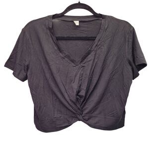 Women's Casual Black Crop Top Short Sleeve V-Neck With Front Twist Size Large